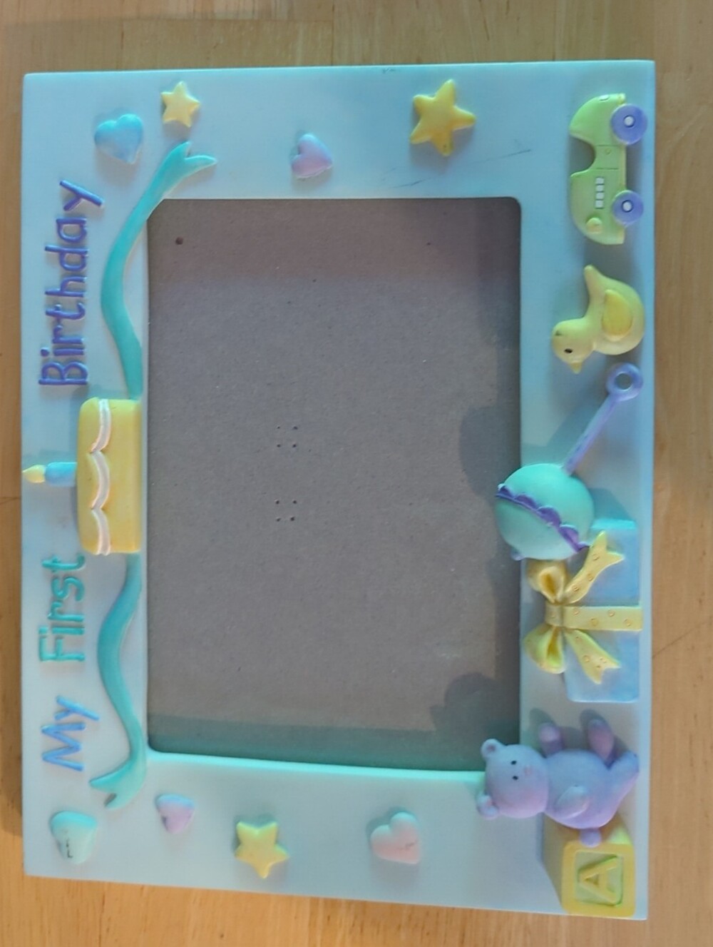 Russ Pastel Blue and Yellow "My First Birthday" Baby Picture Frame. 4x6
